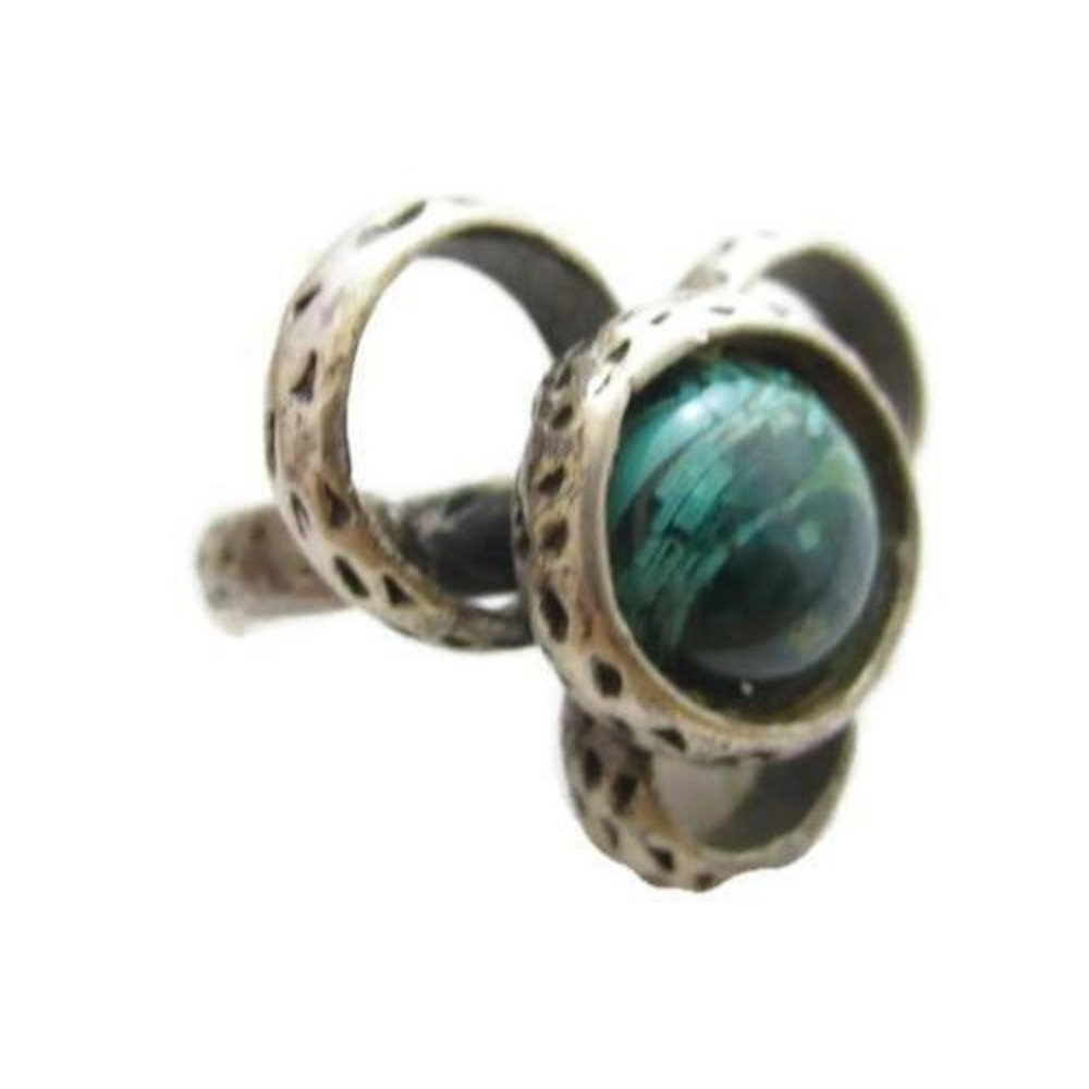 Vintage Modernist Green‎ Malachite Gemstone Flower Sterling Silver Ring*Sz 6.5